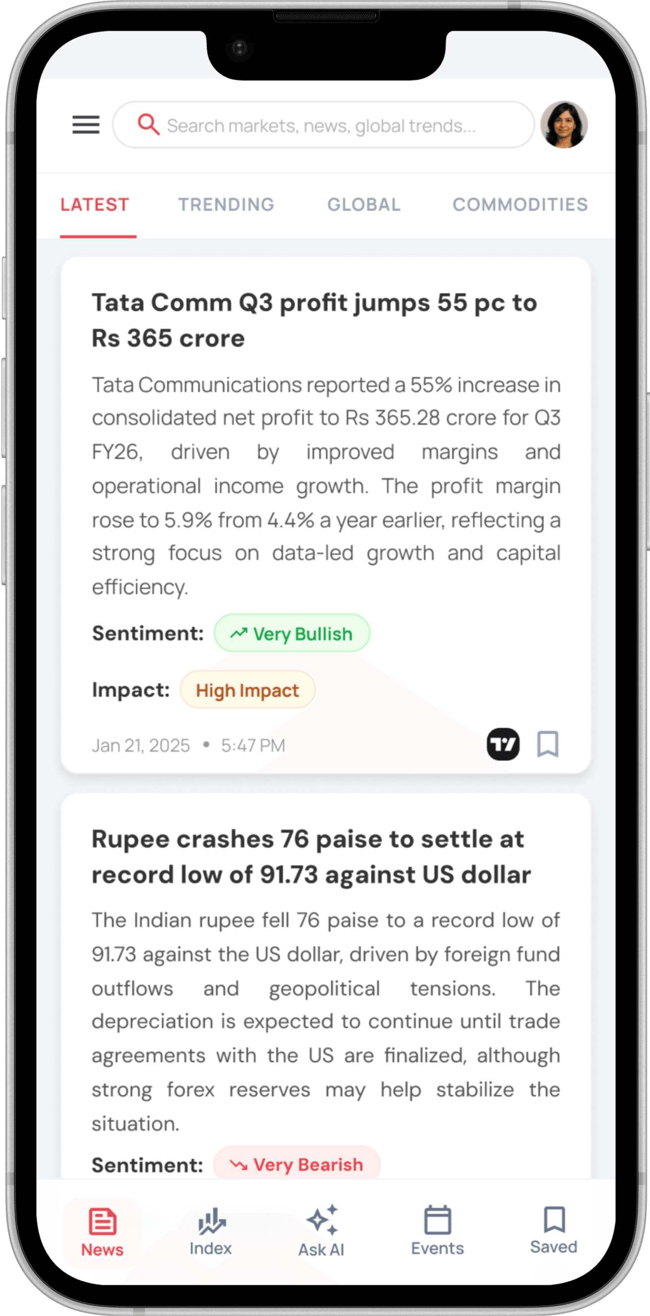 RupeeLetter app showing AI-curated market news